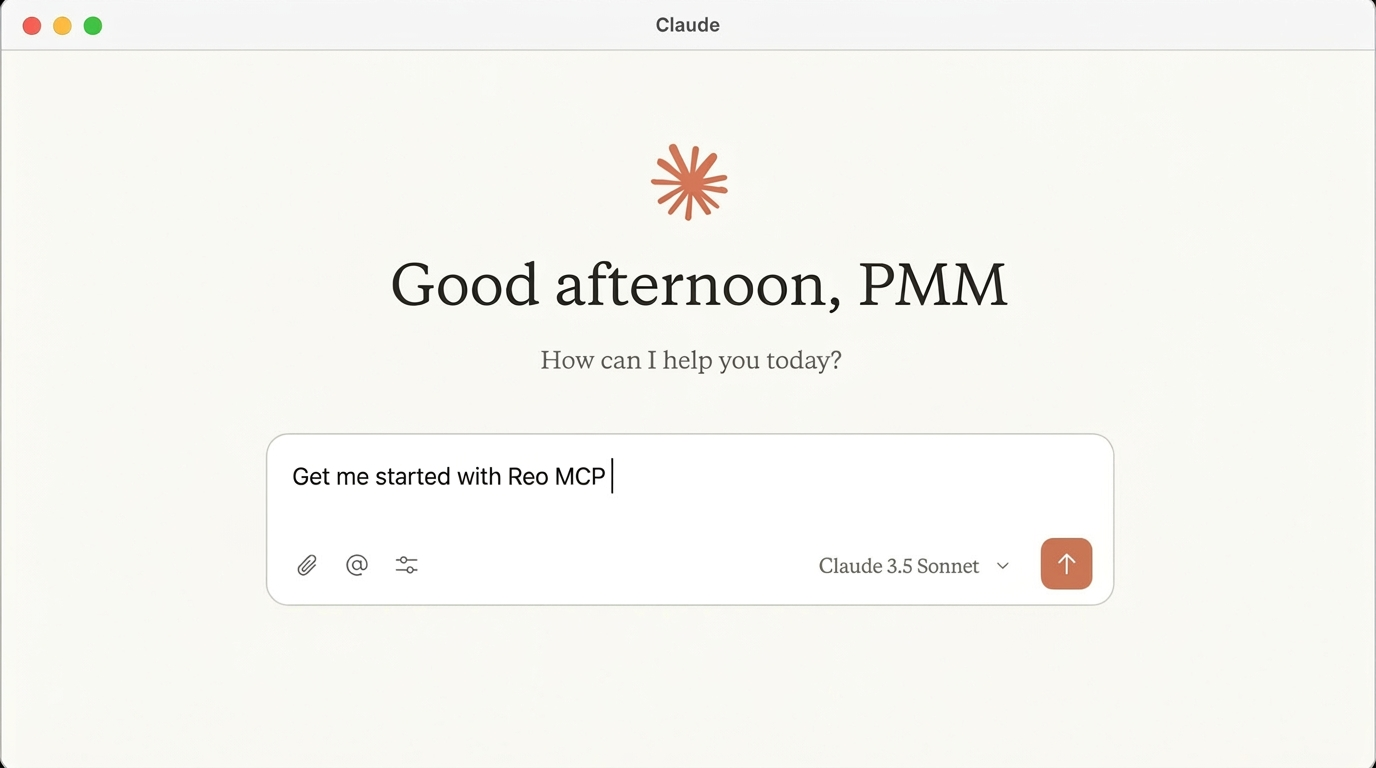 New Claude chat with the Reo MCP starter prompt typed in